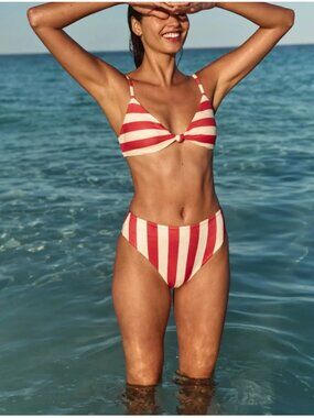 Marine Layer Santorini Red and Cream Striped Bikini Set Hibiscus Stripe sz XS Ne